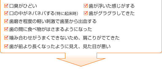 ・口臭がひどい
・歯が浮いた感じがする
・口の中がネバネバする（特に起床時）
・歯がグラグラしてきた
・歯磨き程度の軽い刺激で歯茎から出血する
・歯の間に食べ物がはさまるようになった
・噛み合わせがうまくできないため、肩こりがでてきた
・歯が前より長くなったように見え、見た目が悪い